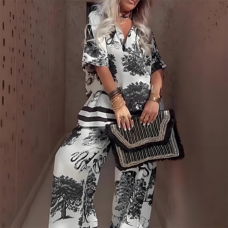 Top Printed with V-Neck + Long Pants – Elegant and Lightweight Style for Summer